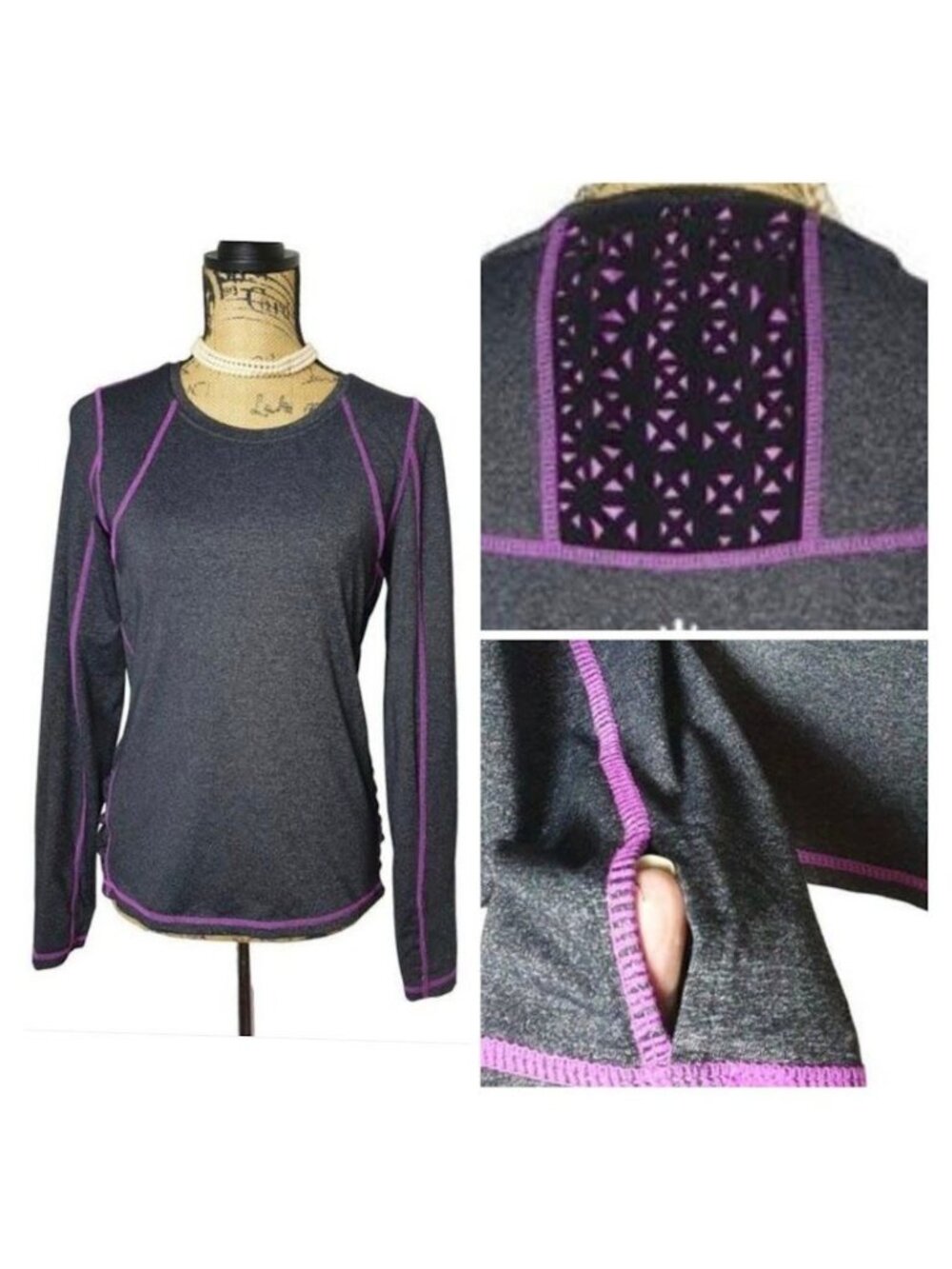 Kyodan Womens M Outdoor Pullover Active Top Heather Gray Lng Slv  Detail Back